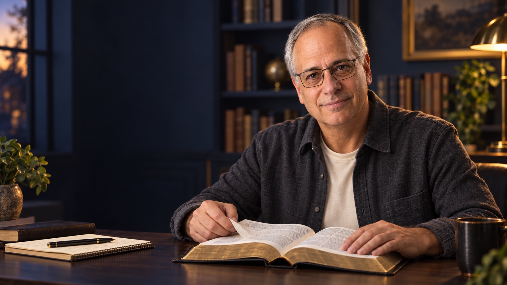 Hombre con ropa cotidiana y gafas de lectura estudiando la Biblia en una biblioteca contemporánea